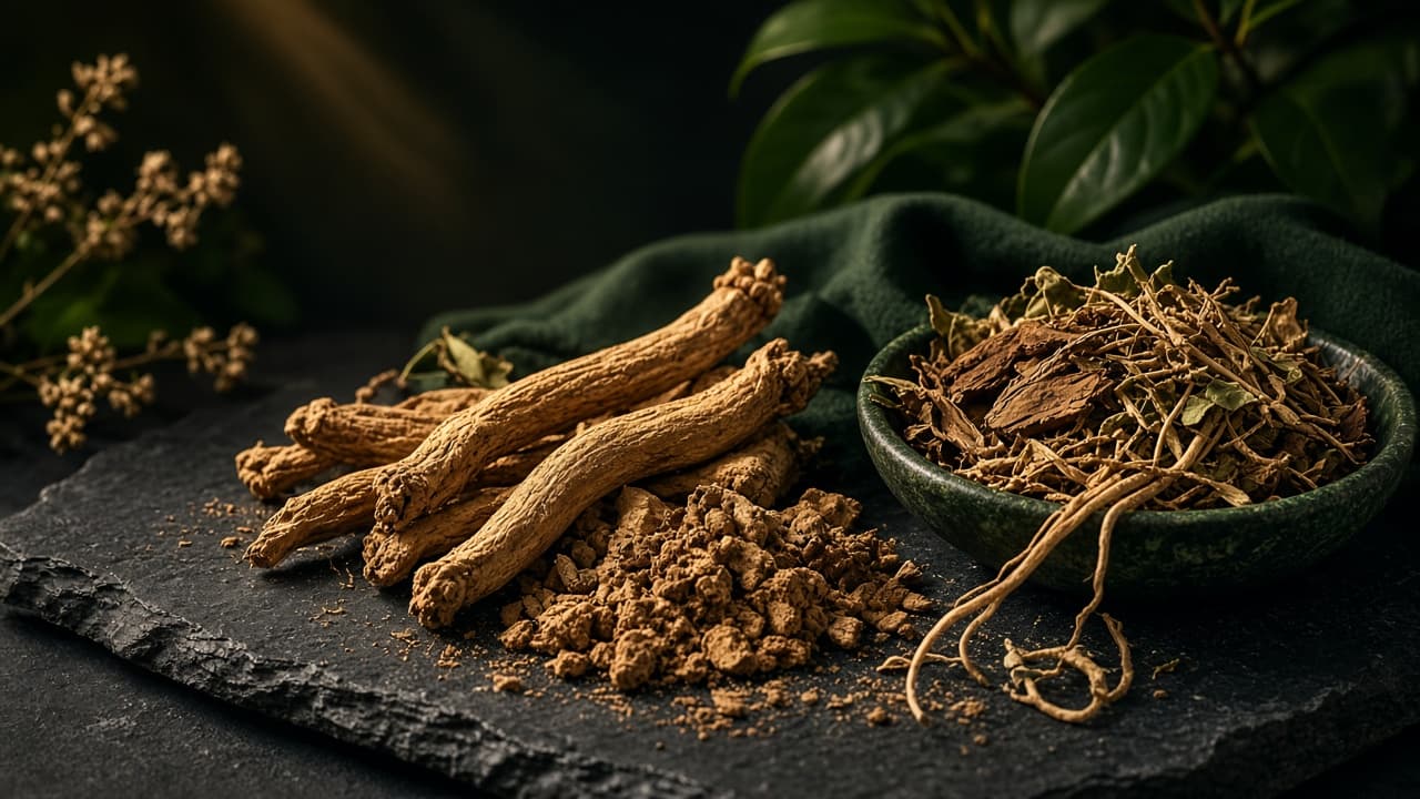 Infusion botanique et herbes sur fond sombre