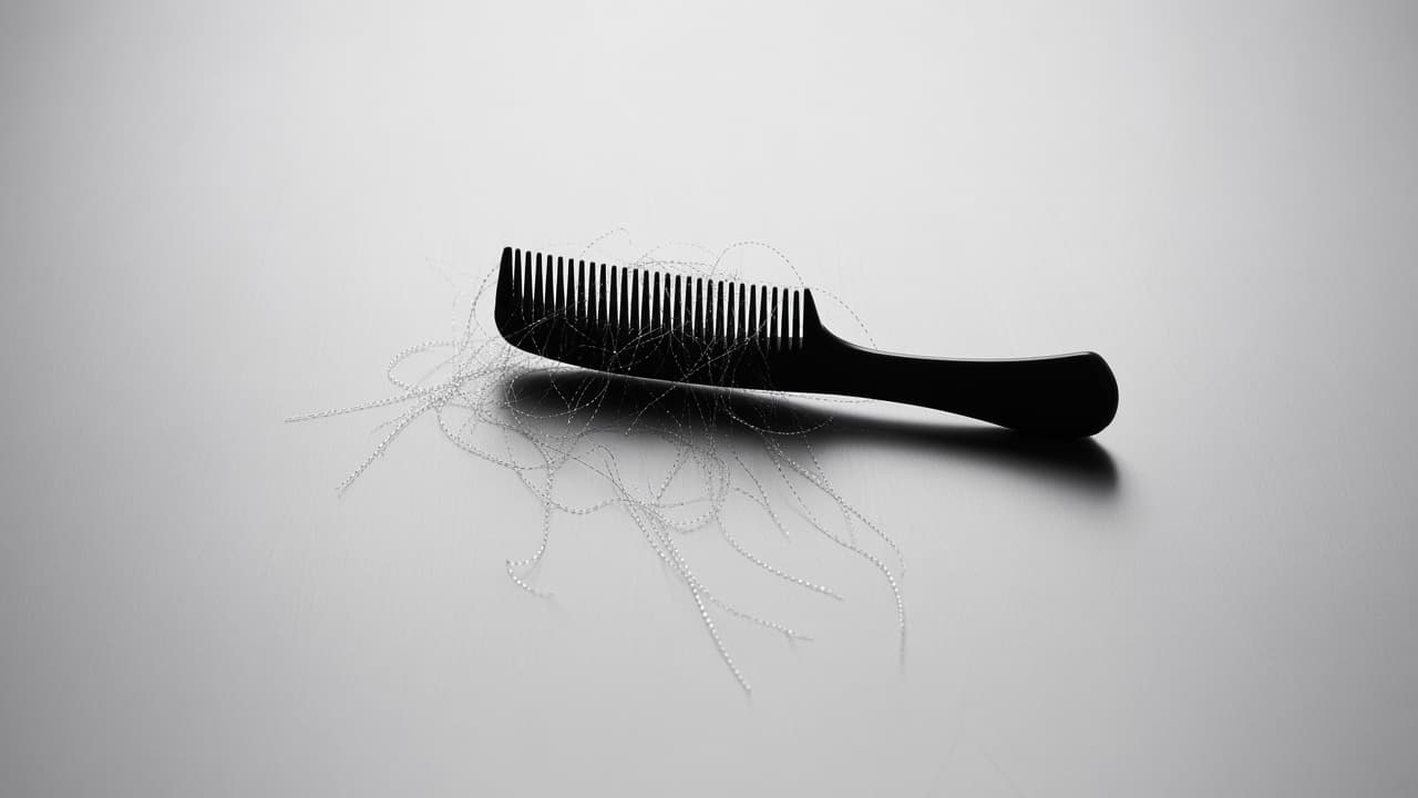 Peigne noir et cheveux sur fond gris, format paysage