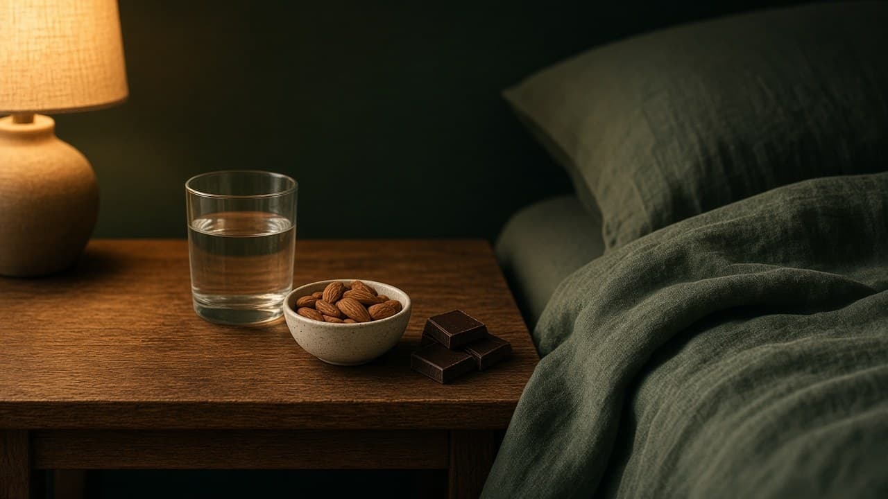 Table de chevet le soir avec un verre d’eau, des amandes et du chocolat noir