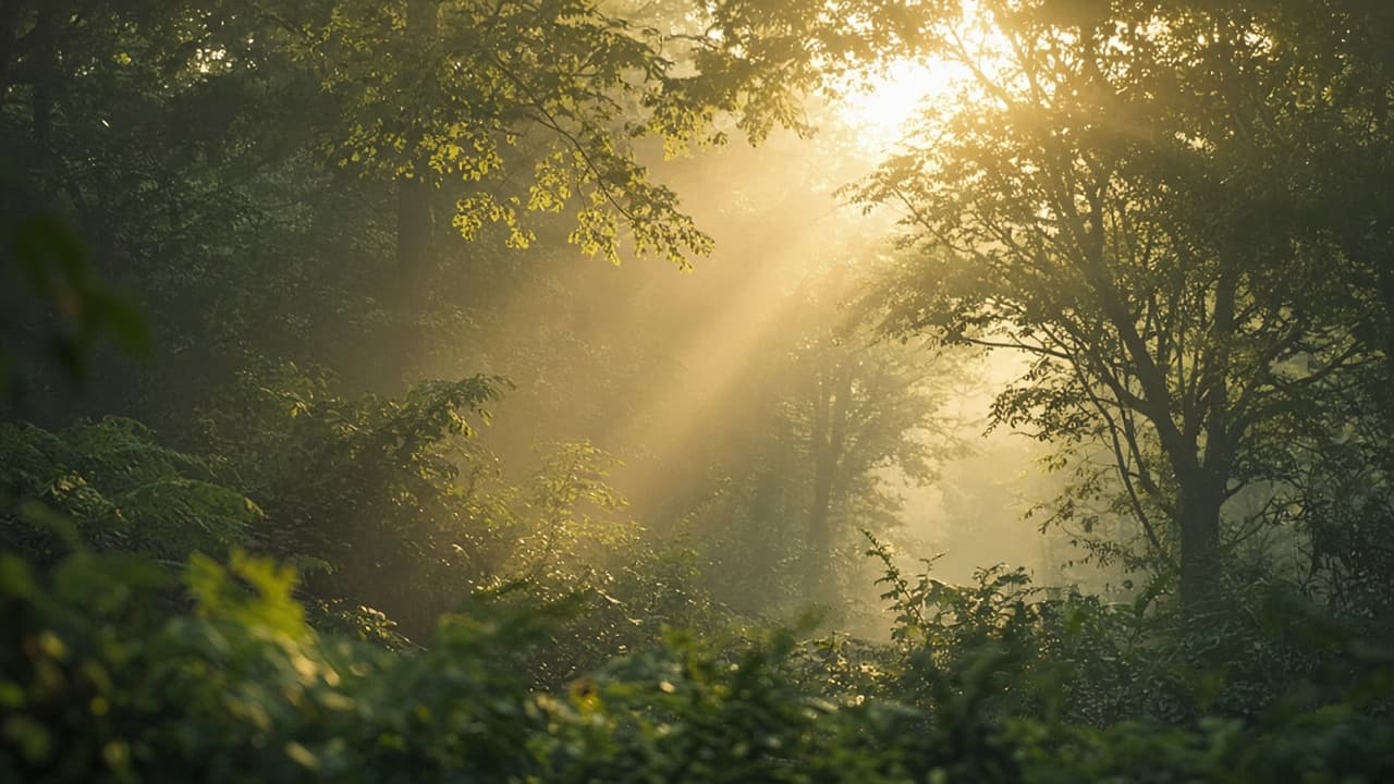 Lumière du matin filtrant à travers une canopée de forêt
